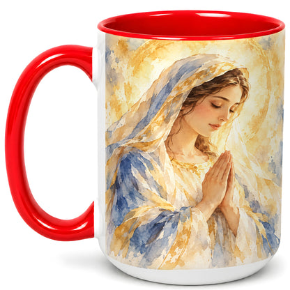 #pl[15oz|Red] Watercolor Praying Mother Coffee Mug, Faith Art Mug, Ceramic Cup