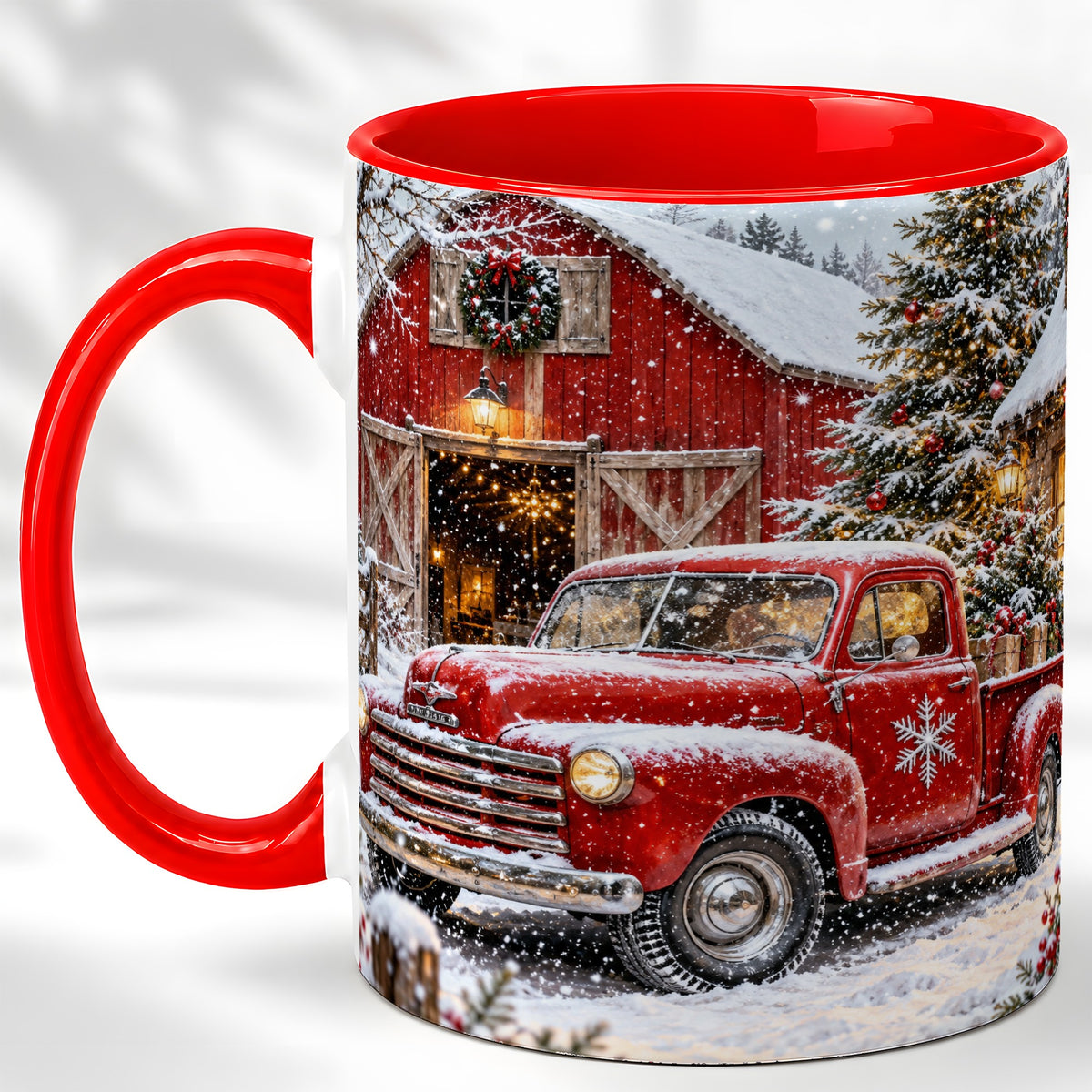 Vintage Red Pickup Coffee Mug, Christmas Truck Mug, Ceramic Cup
