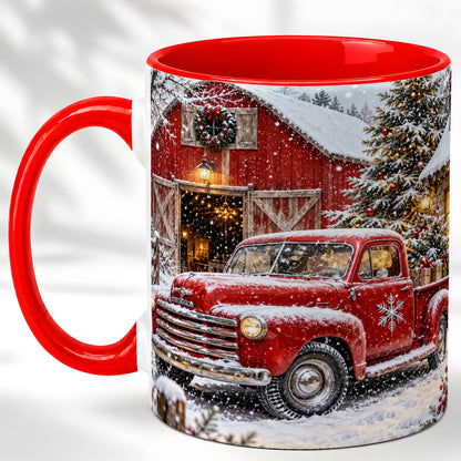 Vintage Red Pickup Coffee Mug, Christmas Truck Mug, Ceramic Cup