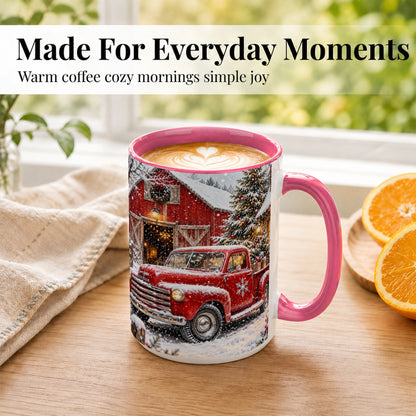 #pl[15oz|Pink] Vintage Red Pickup Coffee Mug, Christmas Truck Mug, Ceramic Cup
