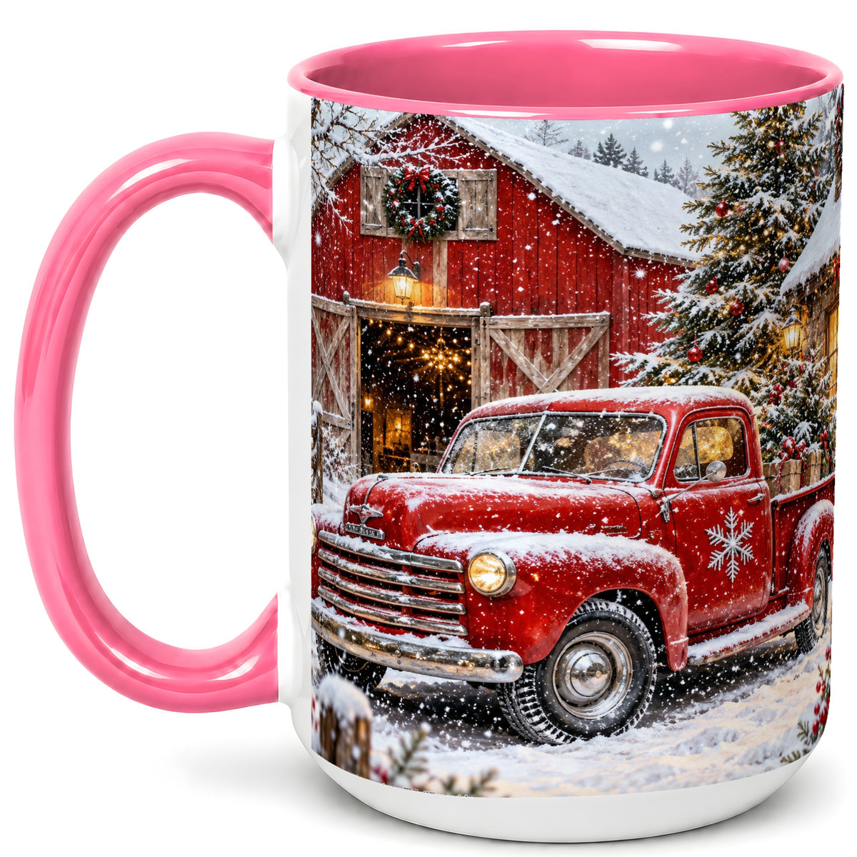 #pl[15oz|Pink] Vintage Red Pickup Coffee Mug, Christmas Truck Mug, Ceramic Cup