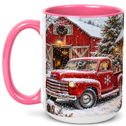 #pl[15oz|Pink] Vintage Red Pickup Coffee Mug, Christmas Truck Mug, Ceramic Cup