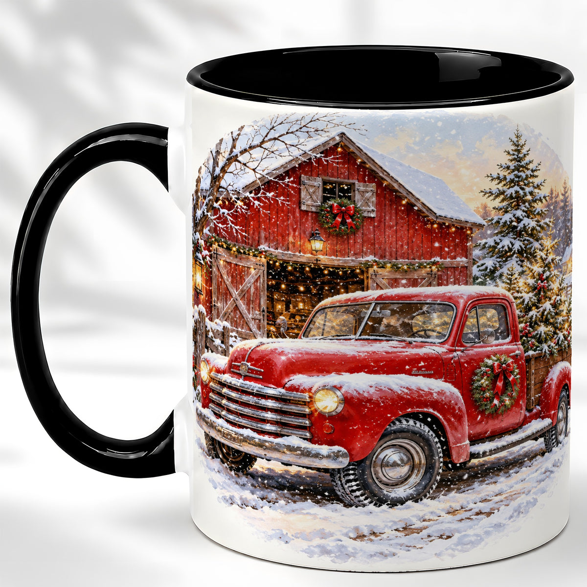 #pl[11oz|Black] Red Vintage Truck Coffee Mug, Winter Farmhouse Mug, Ceramic Cup