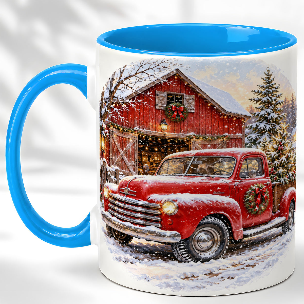 #pl[11oz|Blue] Red Vintage Truck Coffee Mug, Winter Farmhouse Mug, Ceramic Cup