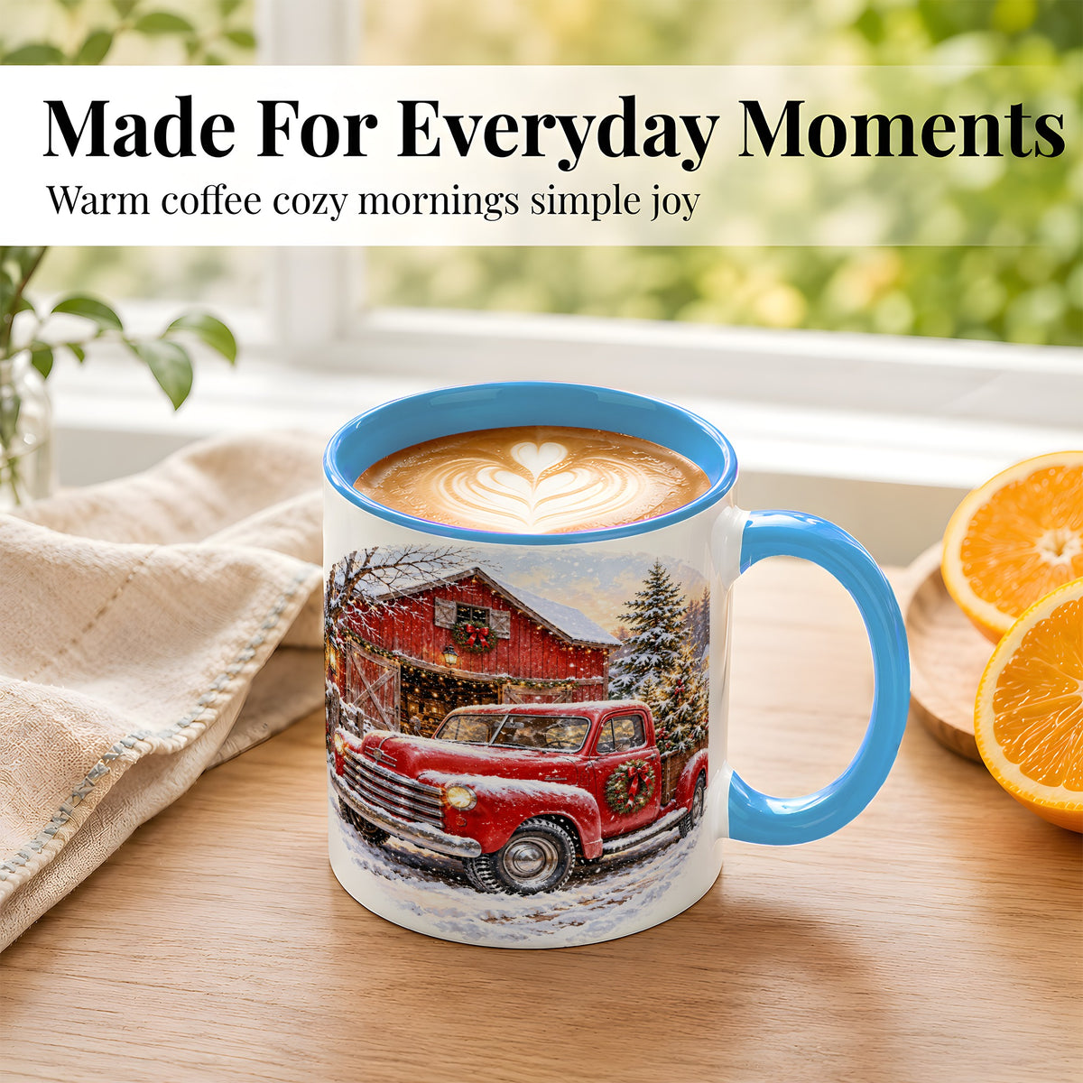 #pl[11oz|Blue] Red Vintage Truck Coffee Mug, Winter Farmhouse Mug, Ceramic Cup
