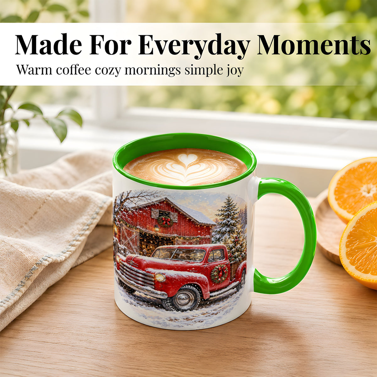 #pl[11oz|Green] Red Vintage Truck Coffee Mug, Winter Farmhouse Mug, Ceramic Cup