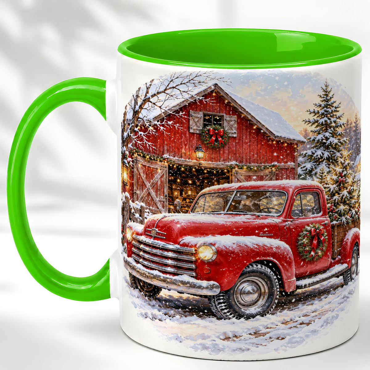 #pl[11oz|Green] Red Vintage Truck Coffee Mug, Winter Farmhouse Mug, Ceramic Cup