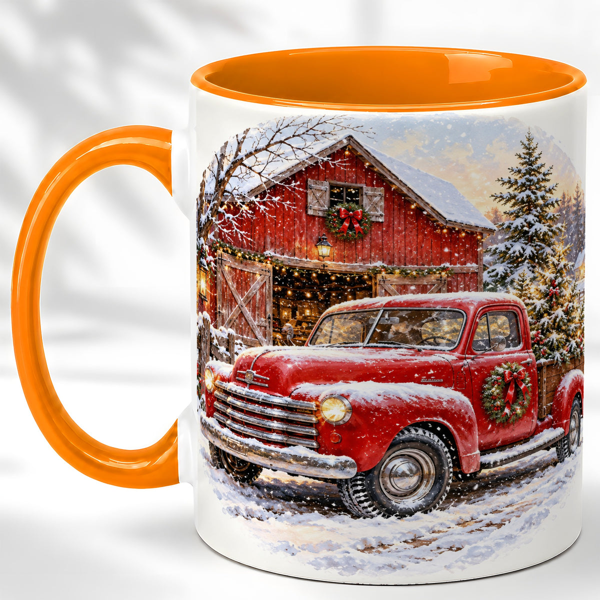 #pl[11oz|Orange] Red Vintage Truck Coffee Mug, Winter Farmhouse Mug, Ceramic Cup
