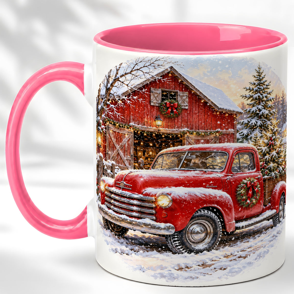 #pl[11oz|Pink] Red Vintage Truck Coffee Mug, Winter Farmhouse Mug, Ceramic Cup