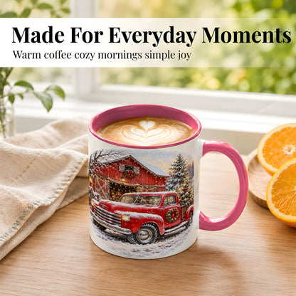 #pl[11oz|Pink] Red Vintage Truck Coffee Mug, Winter Farmhouse Mug, Ceramic Cup