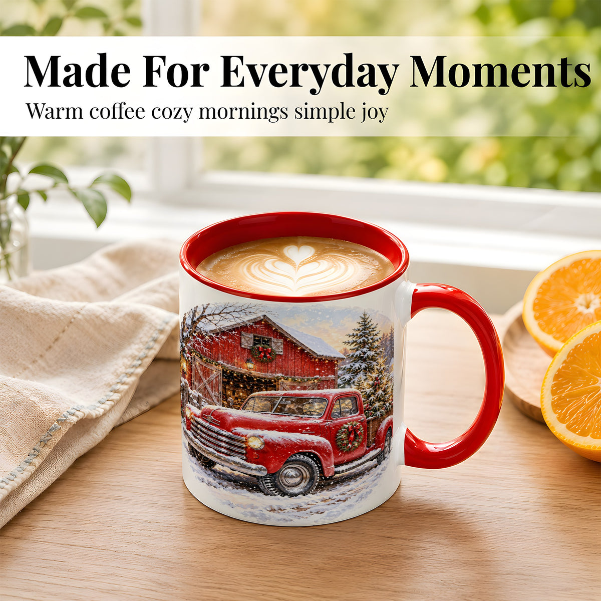 #pl[11oz|Red] Red Vintage Truck Coffee Mug, Winter Farmhouse Mug, Ceramic Cup