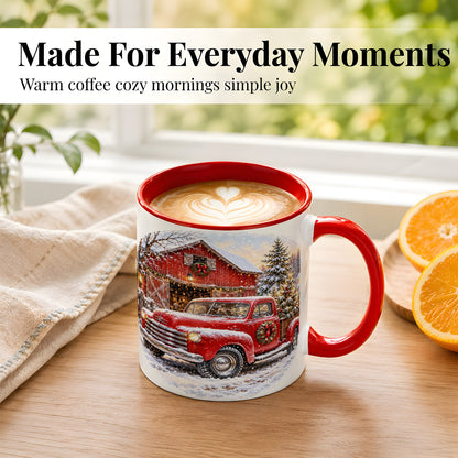#pl[11oz|Red] Red Vintage Truck Coffee Mug, Winter Farmhouse Mug, Ceramic Cup