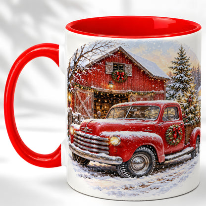 Red Vintage Truck Coffee Mug, Winter Farmhouse Mug, Ceramic Cup