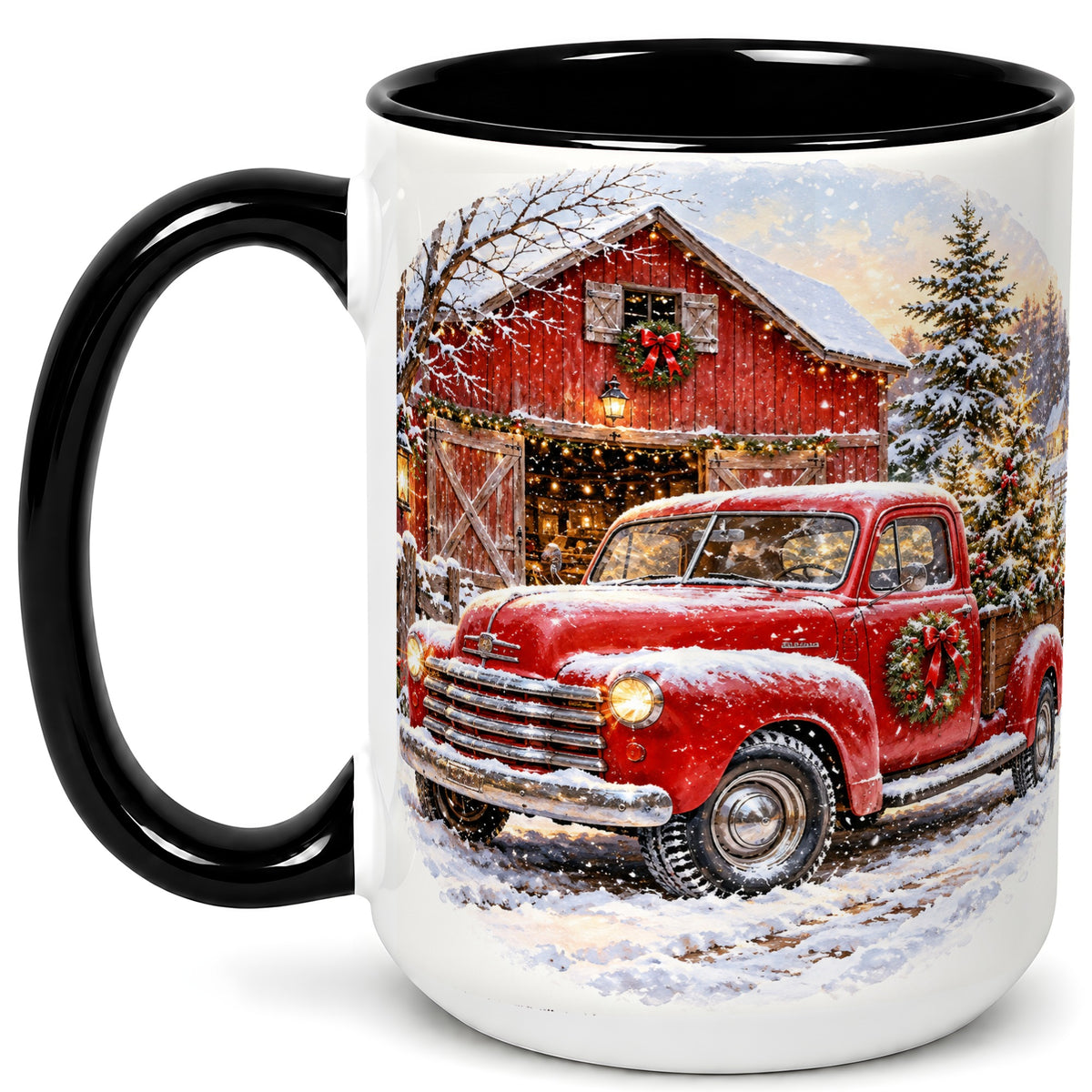 #pl[15oz|Black] Red Vintage Truck Coffee Mug, Winter Farmhouse Mug, Ceramic Cup
