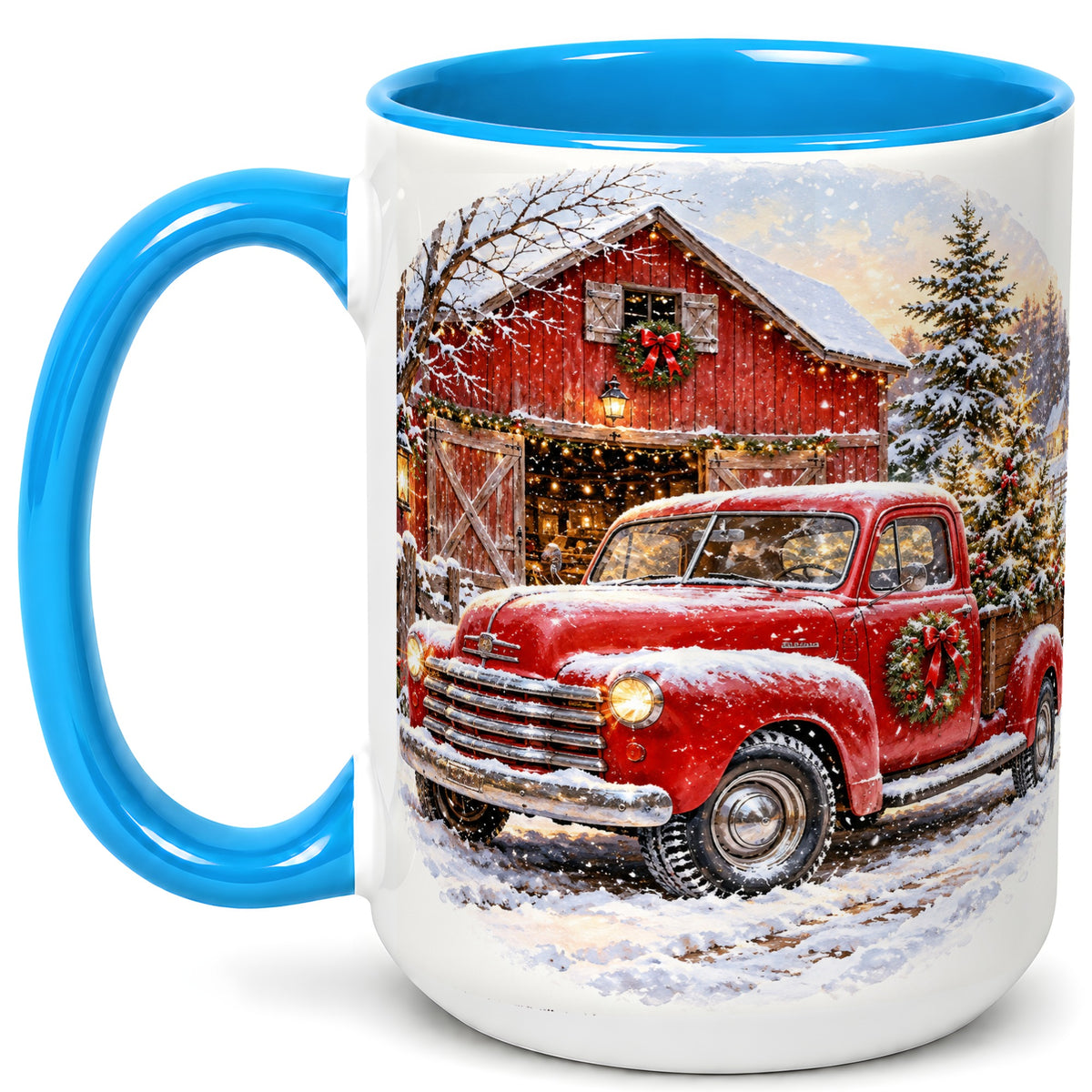 #pl[15oz|Blue] Red Vintage Truck Coffee Mug, Winter Farmhouse Mug, Ceramic Cup
