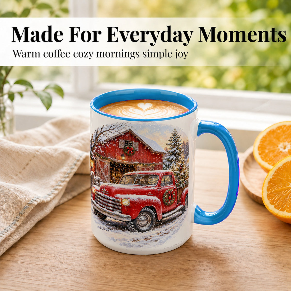 #pl[15oz|Blue] Red Vintage Truck Coffee Mug, Winter Farmhouse Mug, Ceramic Cup