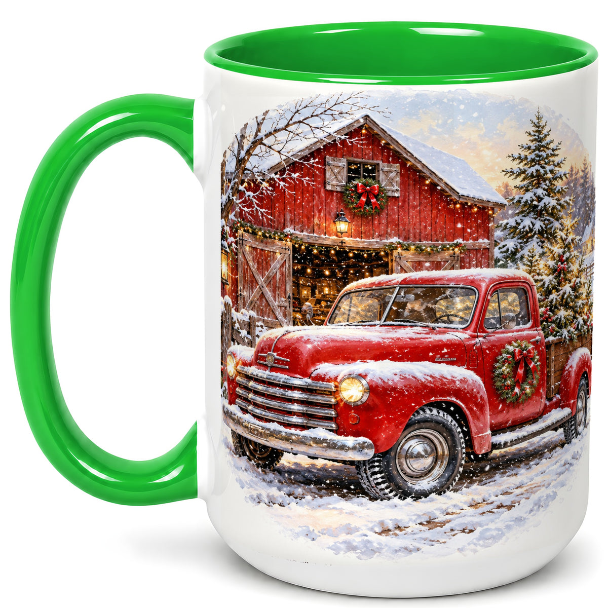 #pl[15oz|Green] Red Vintage Truck Coffee Mug, Winter Farmhouse Mug, Ceramic Cup