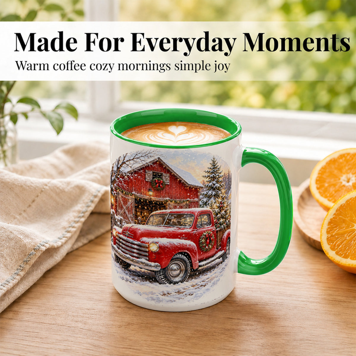 #pl[15oz|Green] Red Vintage Truck Coffee Mug, Winter Farmhouse Mug, Ceramic Cup