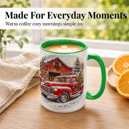 #pl[15oz|Green] Red Vintage Truck Coffee Mug, Winter Farmhouse Mug, Ceramic Cup