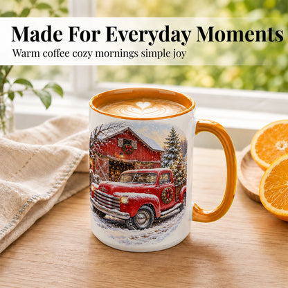 #pl[15oz|Orange] Red Vintage Truck Coffee Mug, Winter Farmhouse Mug, Ceramic Cup