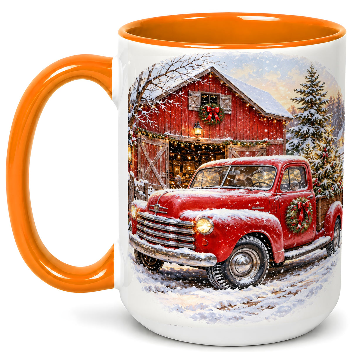 #pl[15oz|Orange] Red Vintage Truck Coffee Mug, Winter Farmhouse Mug, Ceramic Cup