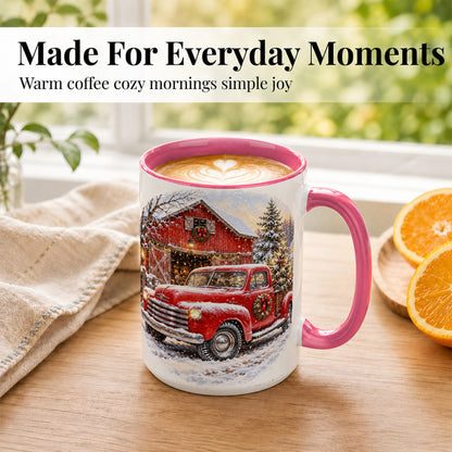 #pl[15oz|Pink] Red Vintage Truck Coffee Mug, Winter Farmhouse Mug, Ceramic Cup
