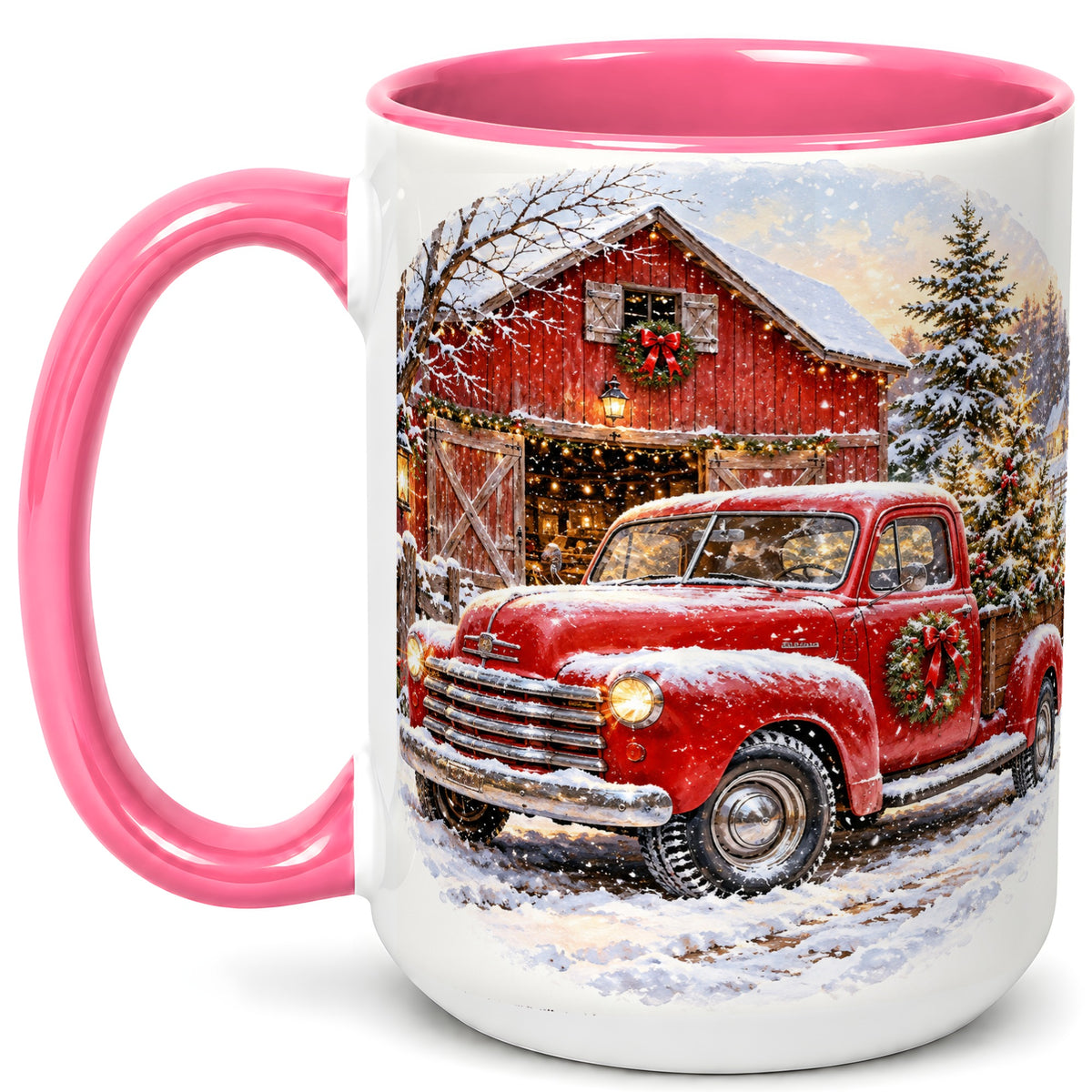 #pl[15oz|Pink] Red Vintage Truck Coffee Mug, Winter Farmhouse Mug, Ceramic Cup