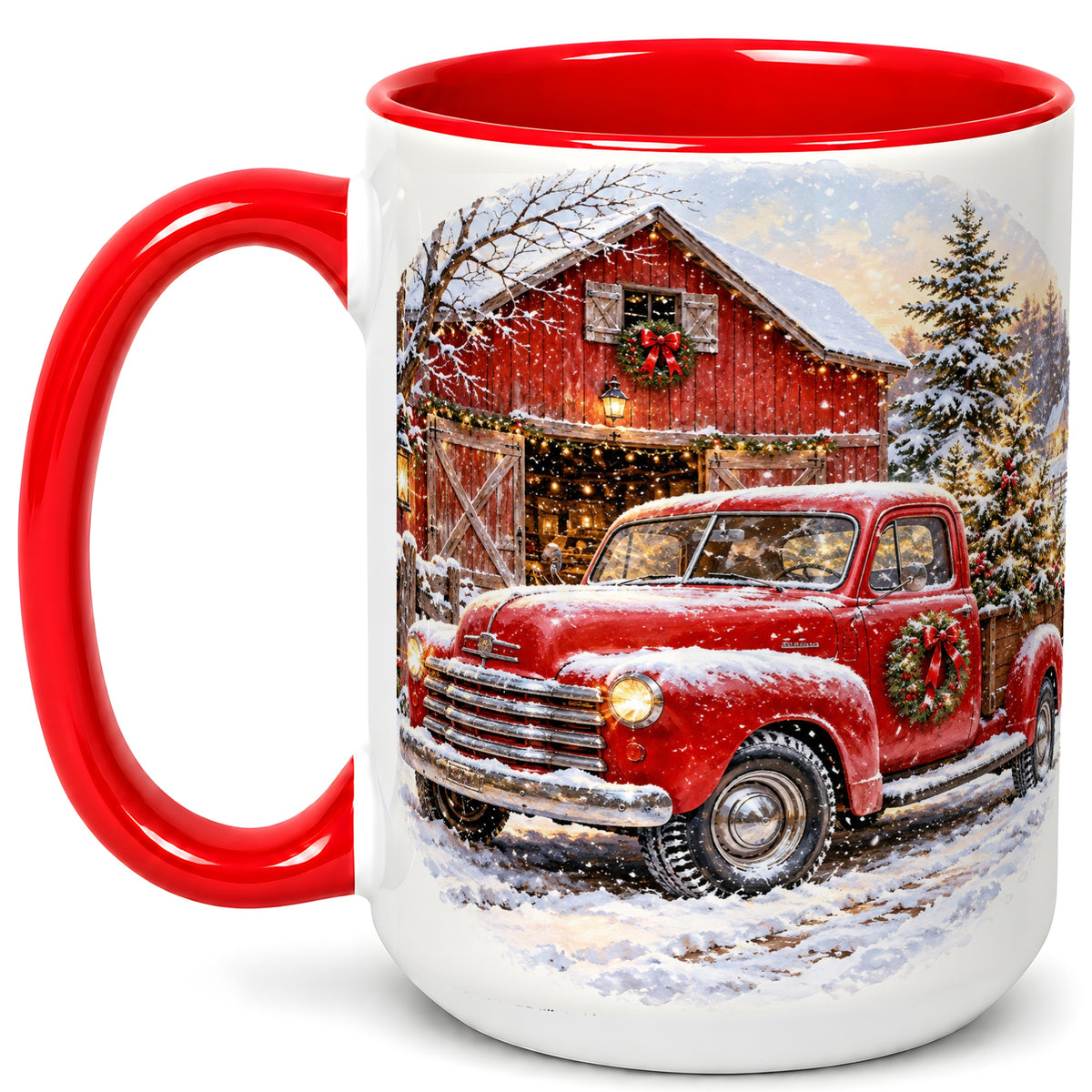 #pl[15oz|Red] Red Vintage Truck Coffee Mug, Winter Farmhouse Mug, Ceramic Cup