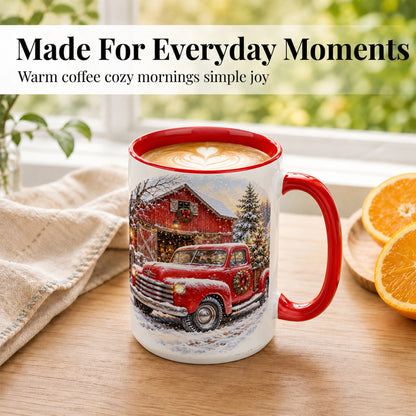 #pl[15oz|Red] Red Vintage Truck Coffee Mug, Winter Farmhouse Mug, Ceramic Cup