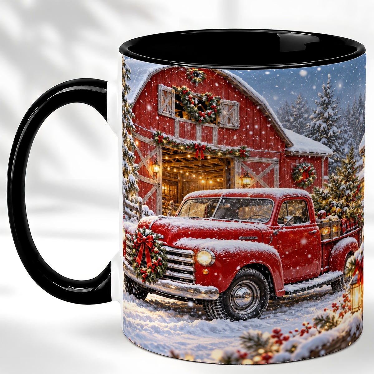 #pl[11oz|Black] Christmas Red Truck Coffee Mug, Snowy Barn Mug, Ceramic Cup