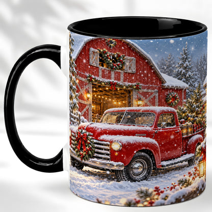 #pl[11oz|Black] Christmas Red Truck Coffee Mug, Snowy Barn Mug, Ceramic Cup