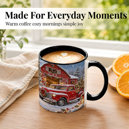 #pl[11oz|Black] Christmas Red Truck Coffee Mug, Snowy Barn Mug, Ceramic Cup