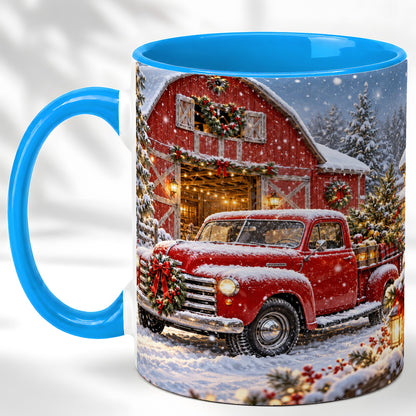 #pl[11oz|Blue] Christmas Red Truck Coffee Mug, Snowy Barn Mug, Ceramic Cup