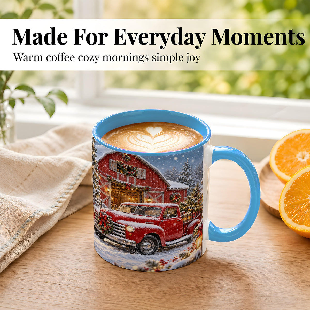 #pl[11oz|Blue] Christmas Red Truck Coffee Mug, Snowy Barn Mug, Ceramic Cup