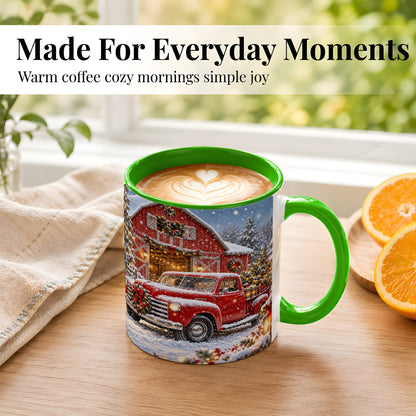 #pl[11oz|Green] Christmas Red Truck Coffee Mug, Snowy Barn Mug, Ceramic Cup