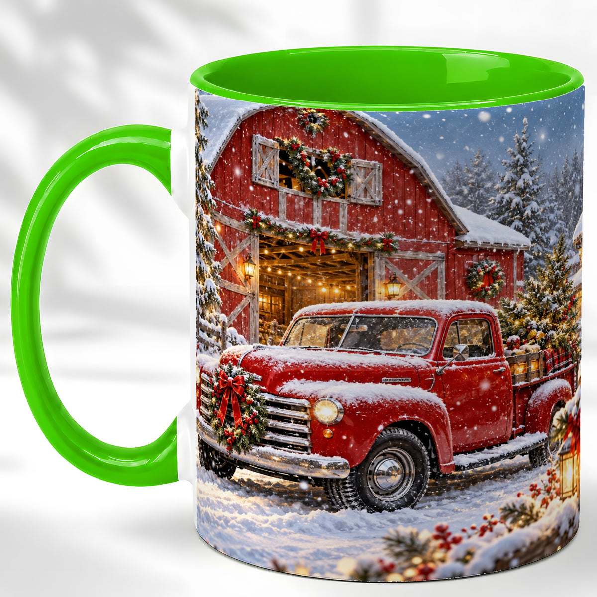 #pl[11oz|Green] Christmas Red Truck Coffee Mug, Snowy Barn Mug, Ceramic Cup