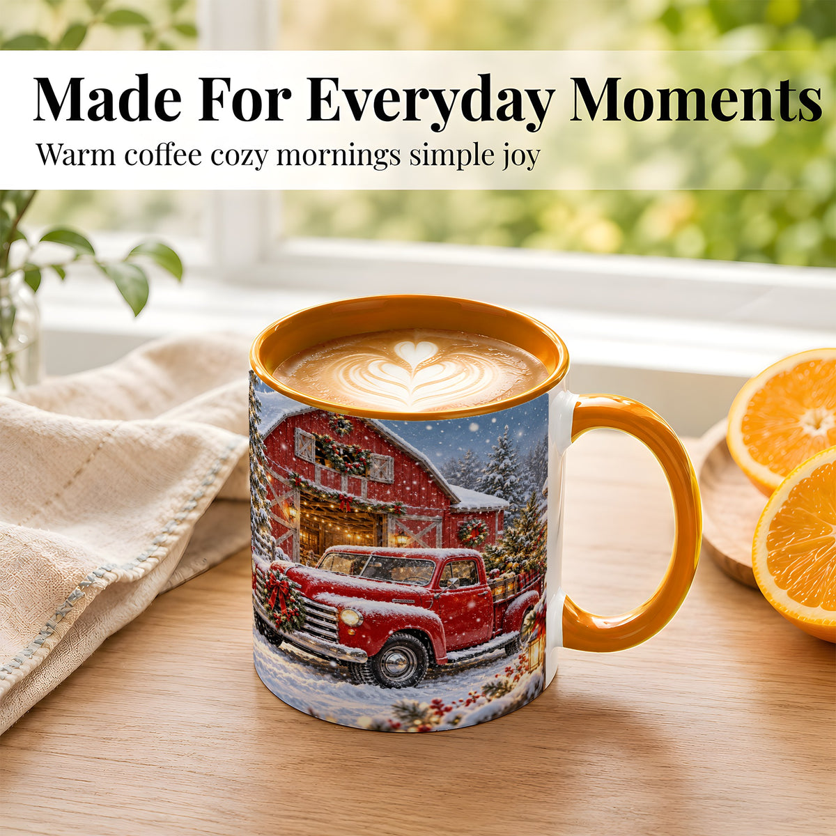 #pl[11oz|Orange] Christmas Red Truck Coffee Mug, Snowy Barn Mug, Ceramic Cup