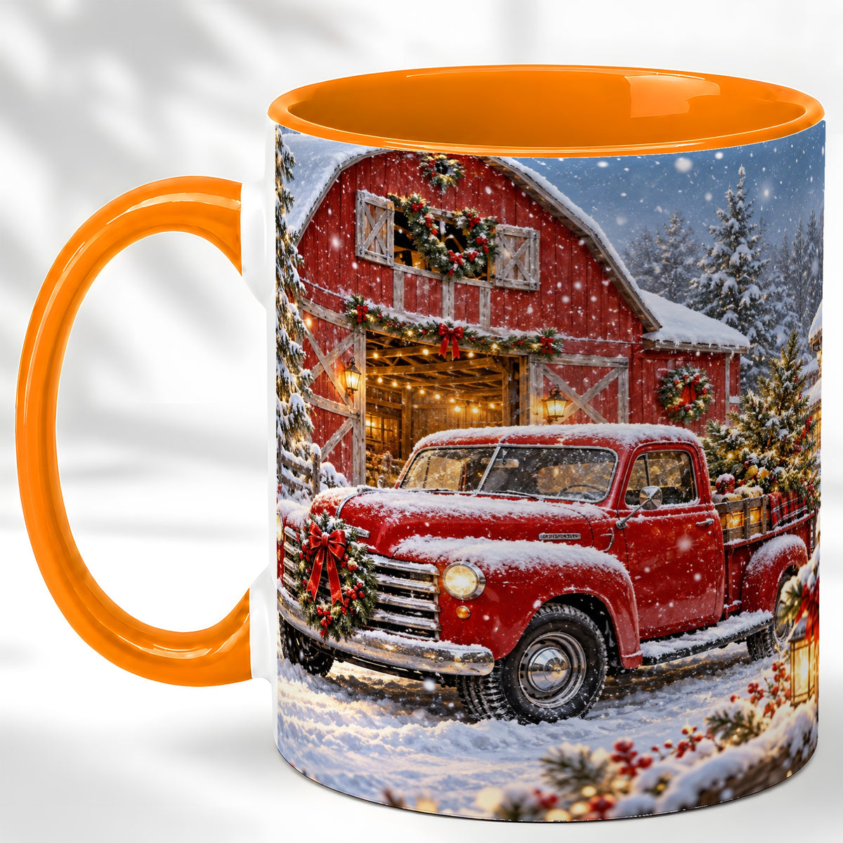 #pl[11oz|Orange] Christmas Red Truck Coffee Mug, Snowy Barn Mug, Ceramic Cup