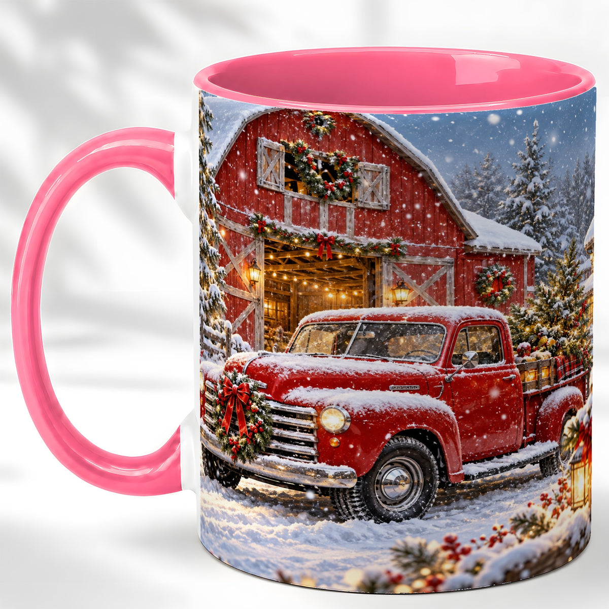 #pl[11oz|Pink] Christmas Red Truck Coffee Mug, Snowy Barn Mug, Ceramic Cup