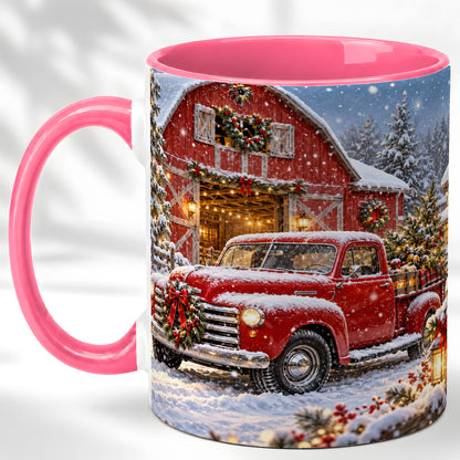 #pl[11oz|Pink] Christmas Red Truck Coffee Mug, Snowy Barn Mug, Ceramic Cup