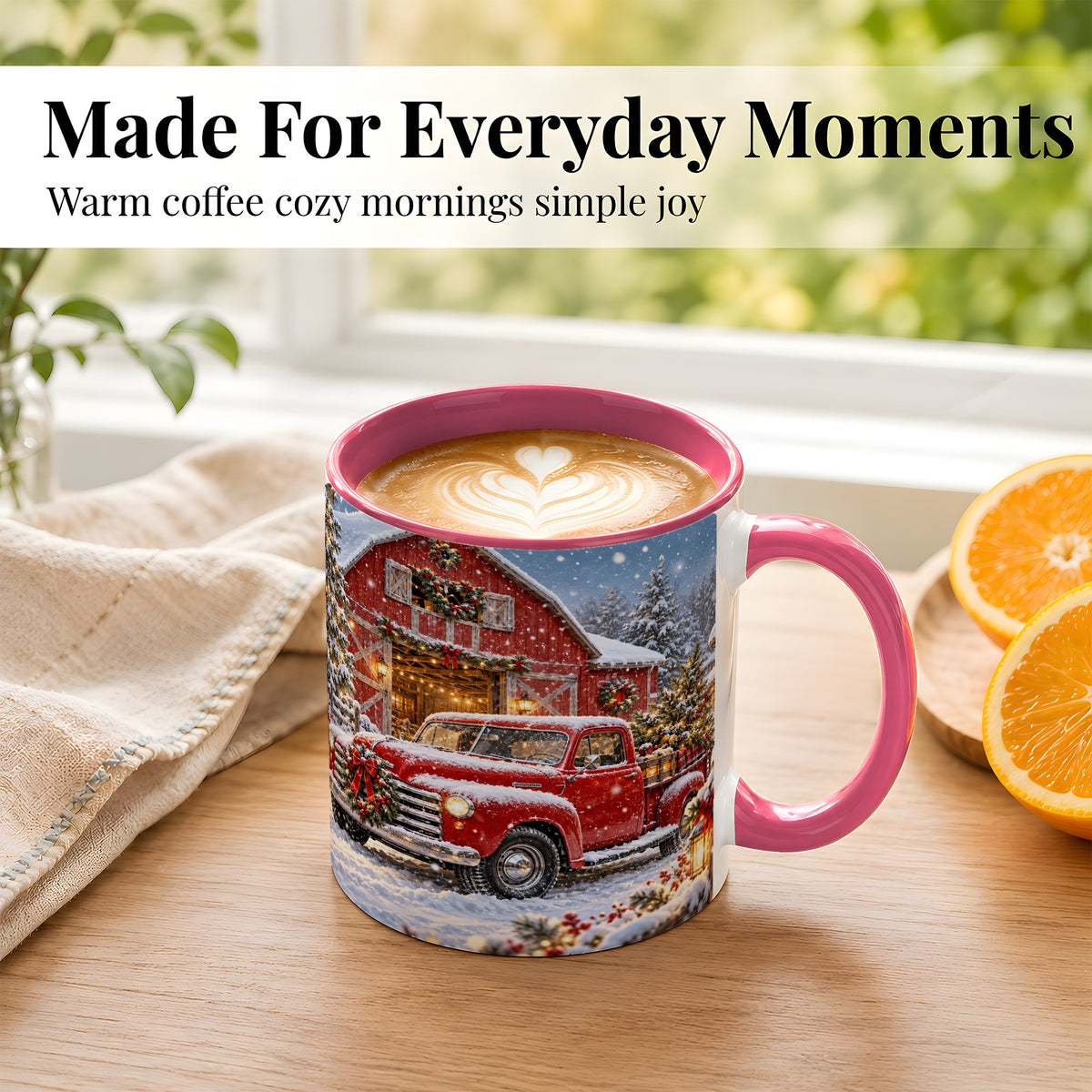 #pl[11oz|Pink] Christmas Red Truck Coffee Mug, Snowy Barn Mug, Ceramic Cup
