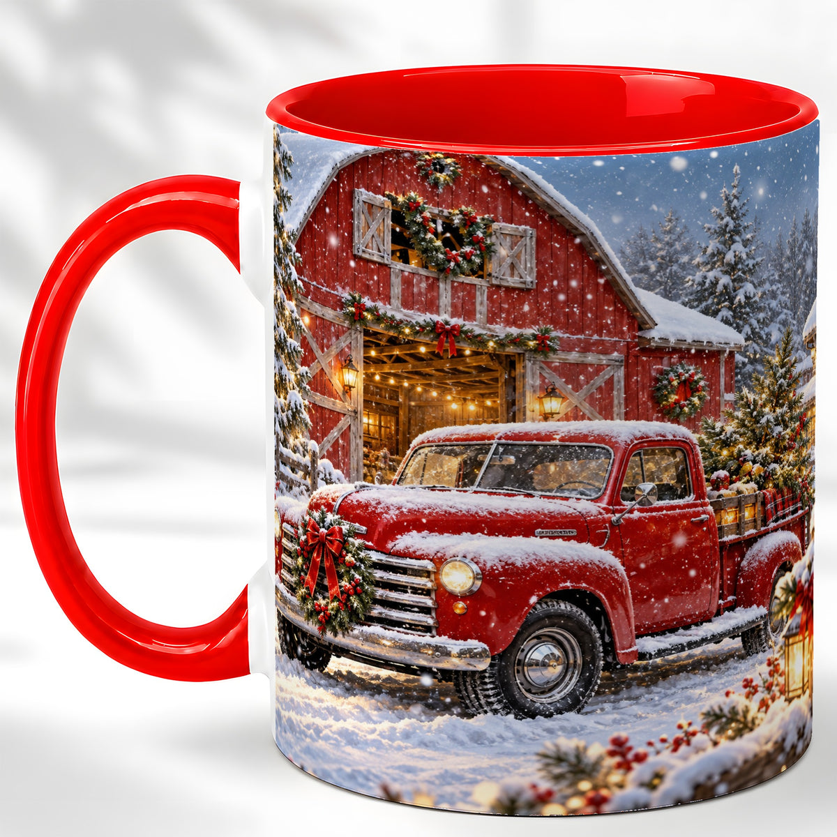 Christmas Red Truck Coffee Mug, Snowy Barn Mug, Ceramic Cup