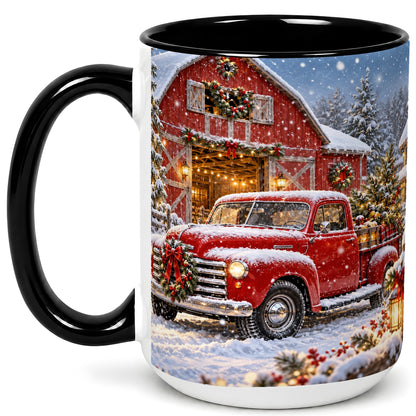 #pl[15oz|Black] Christmas Red Truck Coffee Mug, Snowy Barn Mug, Ceramic Cup
