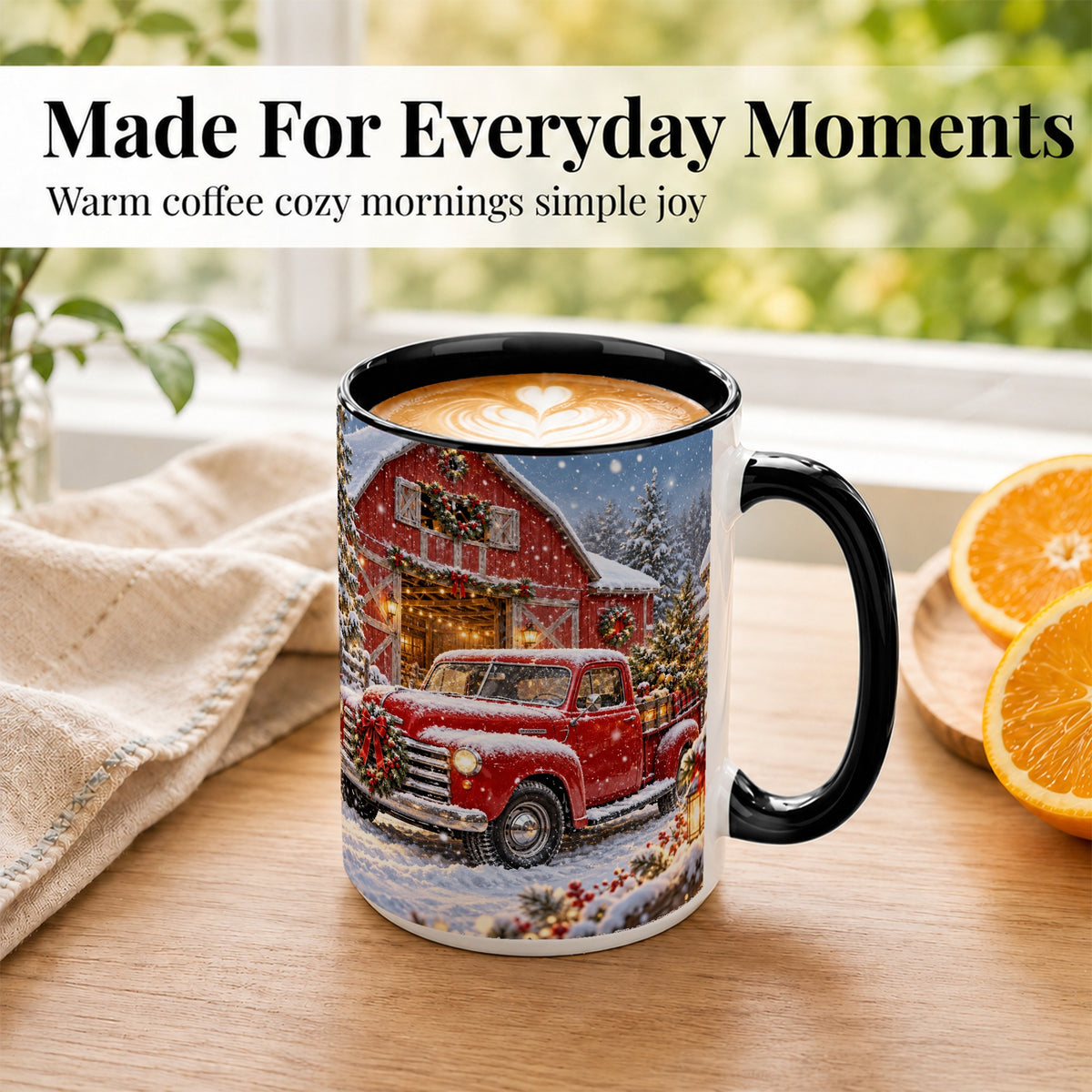 #pl[15oz|Black] Christmas Red Truck Coffee Mug, Snowy Barn Mug, Ceramic Cup