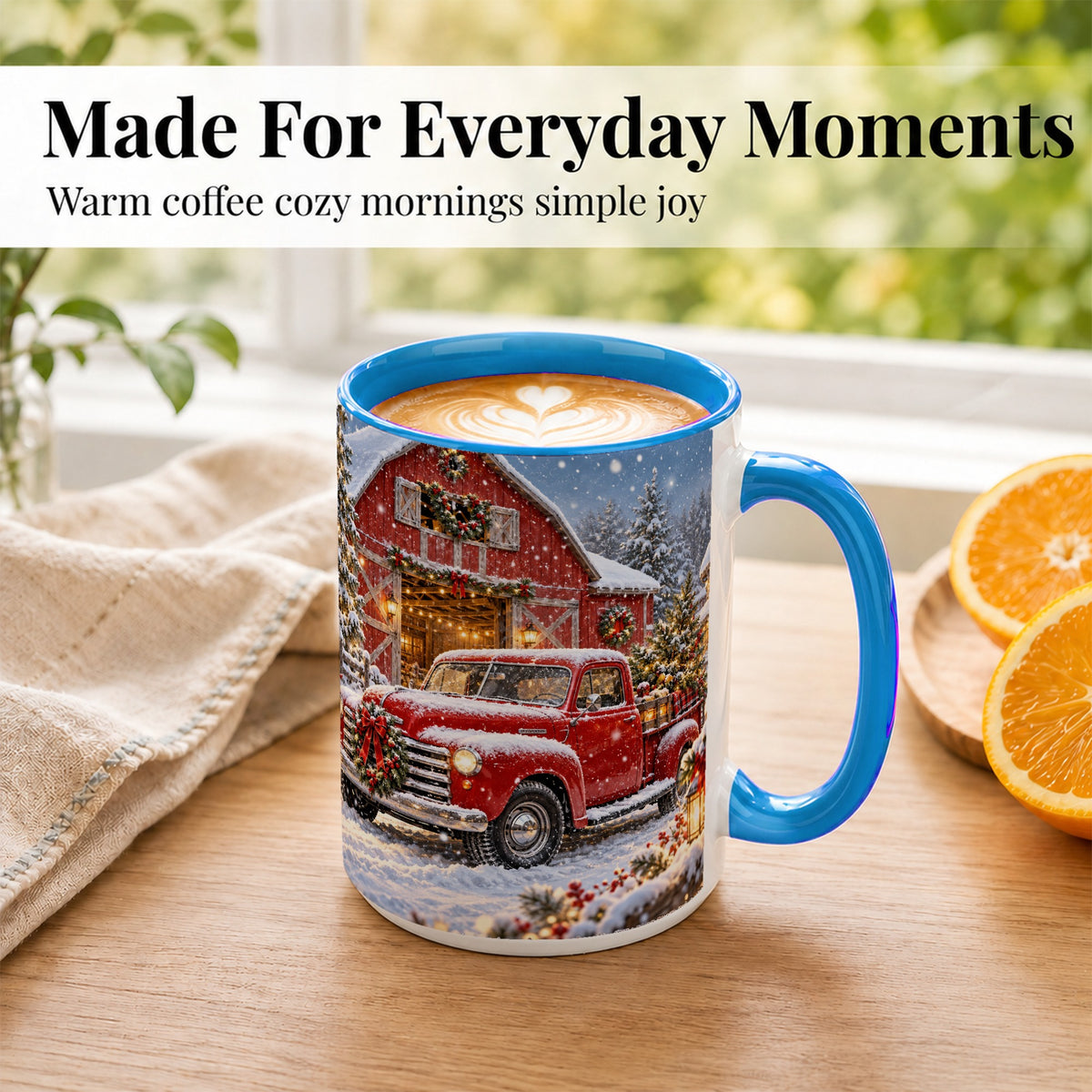 #pl[15oz|Blue] Christmas Red Truck Coffee Mug, Snowy Barn Mug, Ceramic Cup