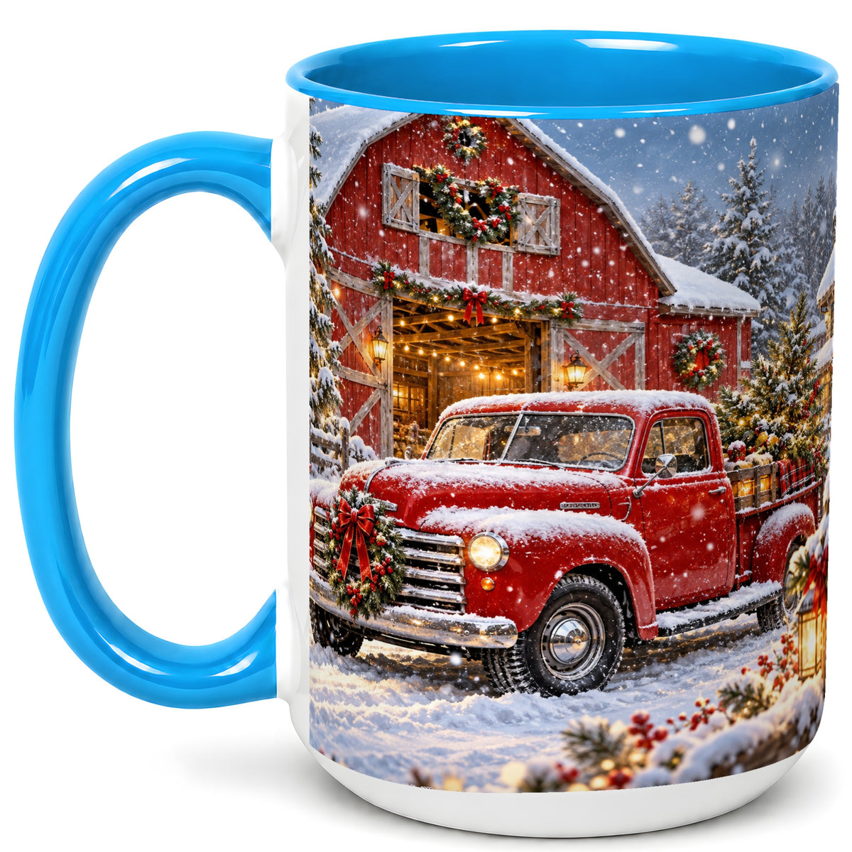 #pl[15oz|Blue] Christmas Red Truck Coffee Mug, Snowy Barn Mug, Ceramic Cup