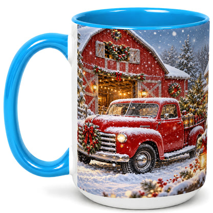 #pl[15oz|Blue] Christmas Red Truck Coffee Mug, Snowy Barn Mug, Ceramic Cup