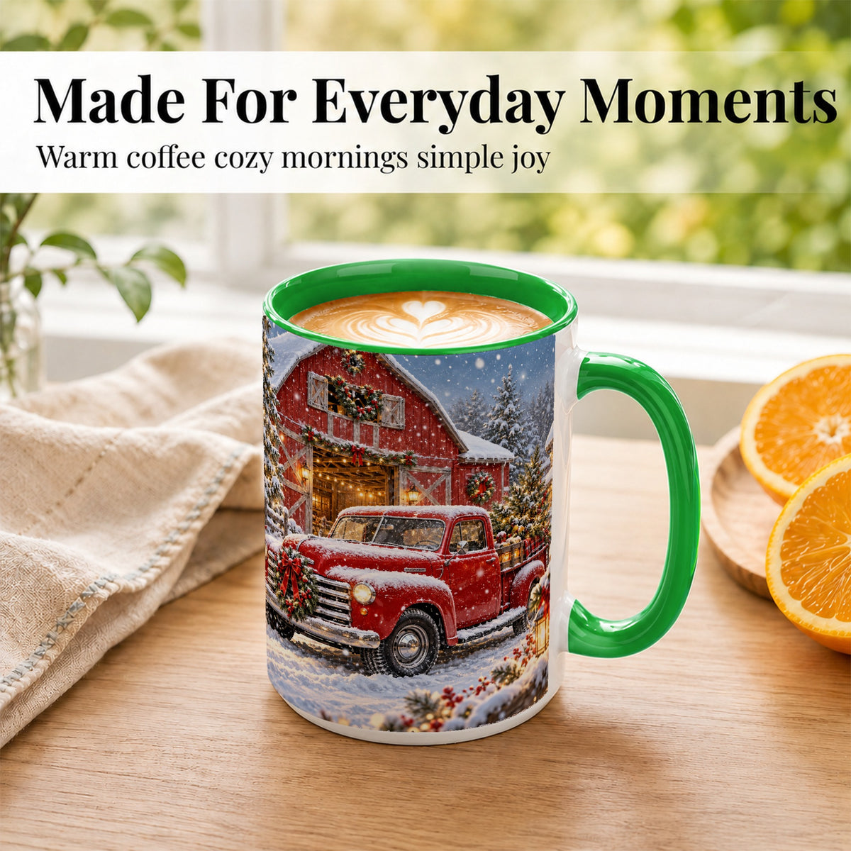 #pl[15oz|Green] Christmas Red Truck Coffee Mug, Snowy Barn Mug, Ceramic Cup