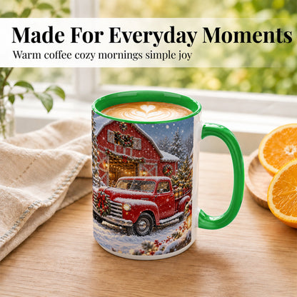 #pl[15oz|Green] Christmas Red Truck Coffee Mug, Snowy Barn Mug, Ceramic Cup