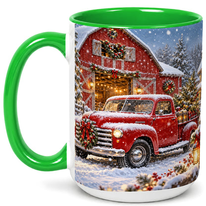 #pl[15oz|Green] Christmas Red Truck Coffee Mug, Snowy Barn Mug, Ceramic Cup